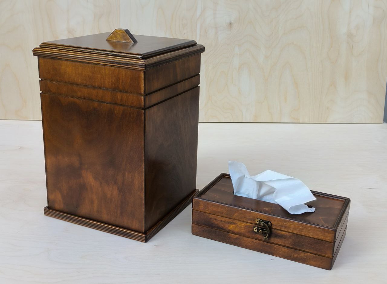 تصویر از سطل زباله وجای دستمال چوبی